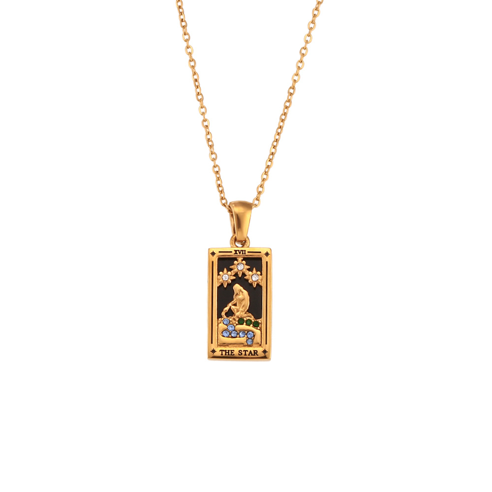 Stainless steel rectangular oil-dripping zircon tarot card necklace, a popular and retro pendant accessory on Instagram in Europe and America Item Picture