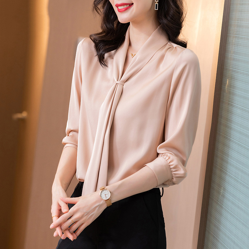 重磅真丝衬衫女长袖2025年春装新款蝴蝶结飘带纯色桑蚕丝上衣衬衣