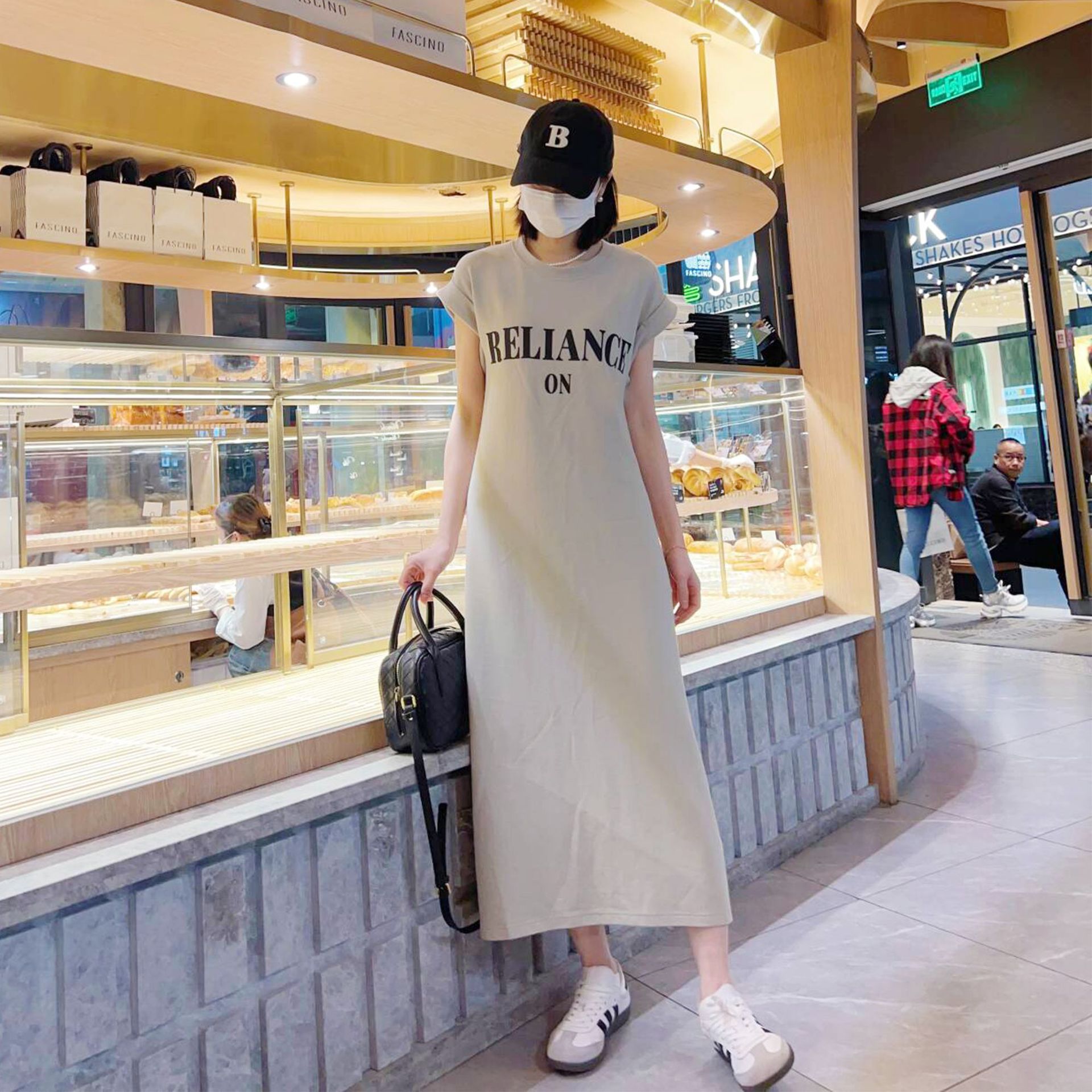 Simple and fashionable! Korean letter-printed ladder cotton straight tube slimming A-line split long casual T-shirt dress Specification image