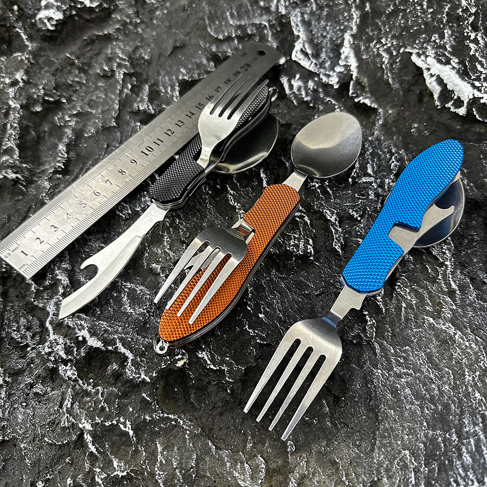 Mini folding knife, fork and spoon set, detachable combination, outdoor mountaineering and travel tableware, multi-opening aluminum handle Swiss knives