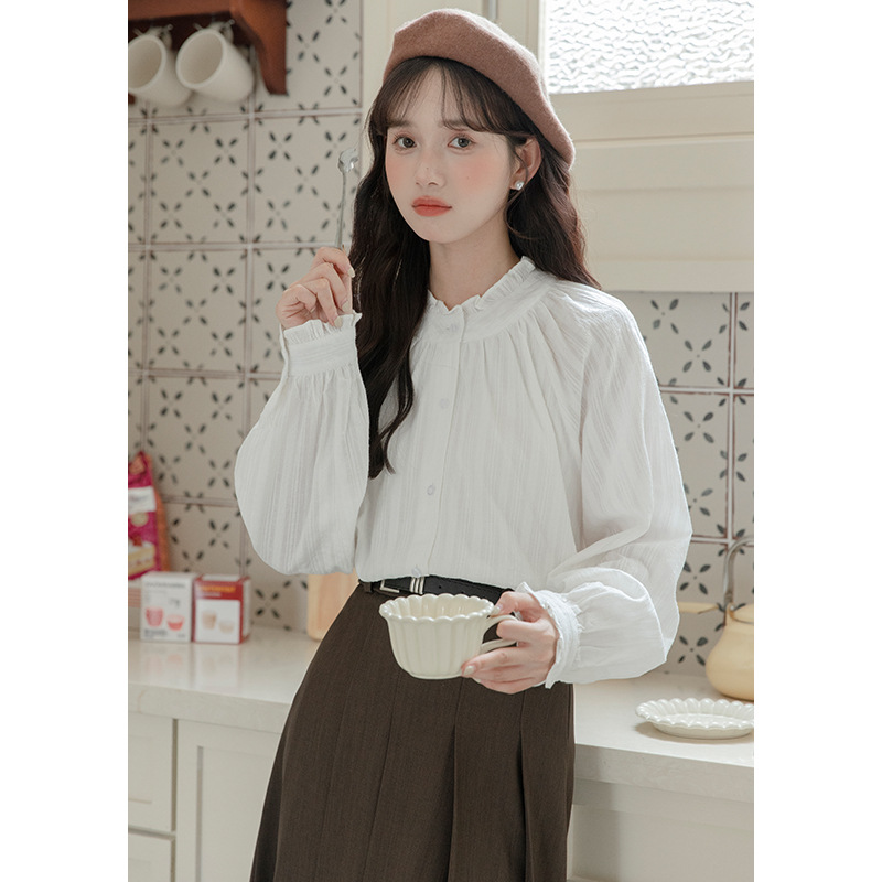Factory direct sales 2023 Autumn/Winter new solid color, elegant and versatile, with a white long-sleeved top shirt for women HUA965