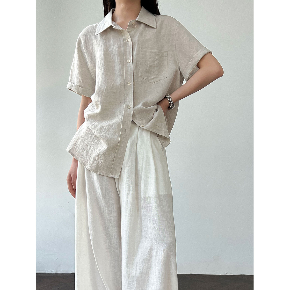 Luxi Heavy Industry Linen Korean-style simple short-sleeved shirt for women, new summer commuter casual shirt 8793 details Picture