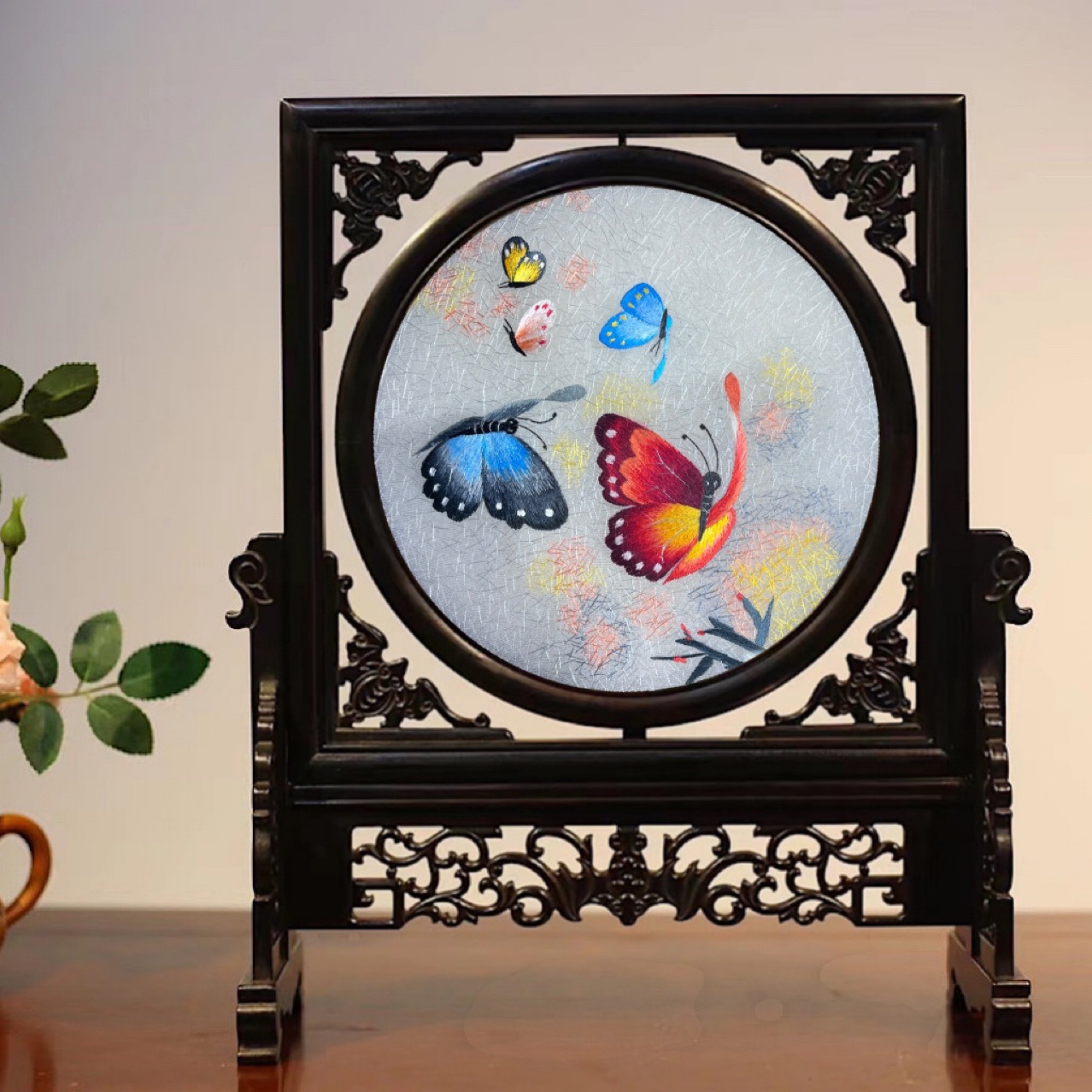 Suzhou Embroidery Hand Double-Sided Embroidery Decoration Chicken Wings Wooden Frame Gift Box Desktop Gift Specification drawing