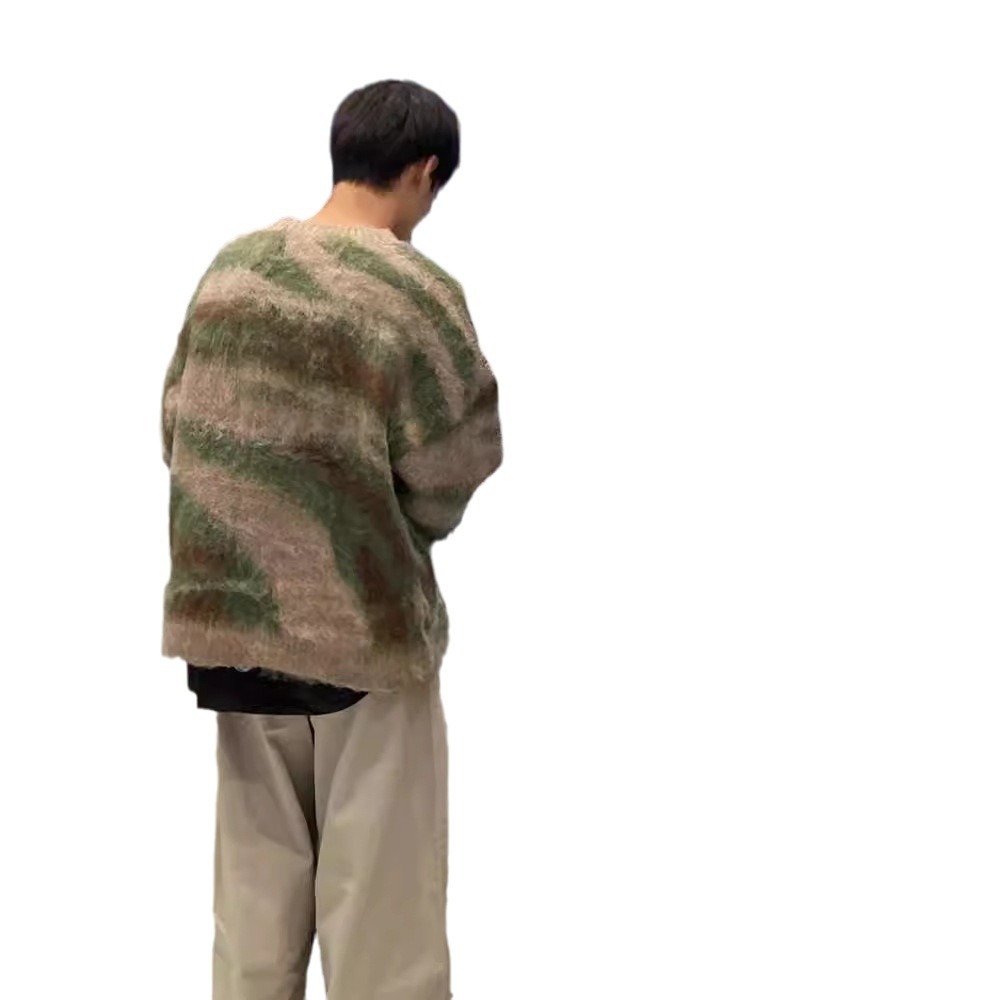 Mohair color-blocking striped patchwork sweater, men's laid-back style, high-end feel, Japanese retro couple knitted sweater, jacket trend Item Picture