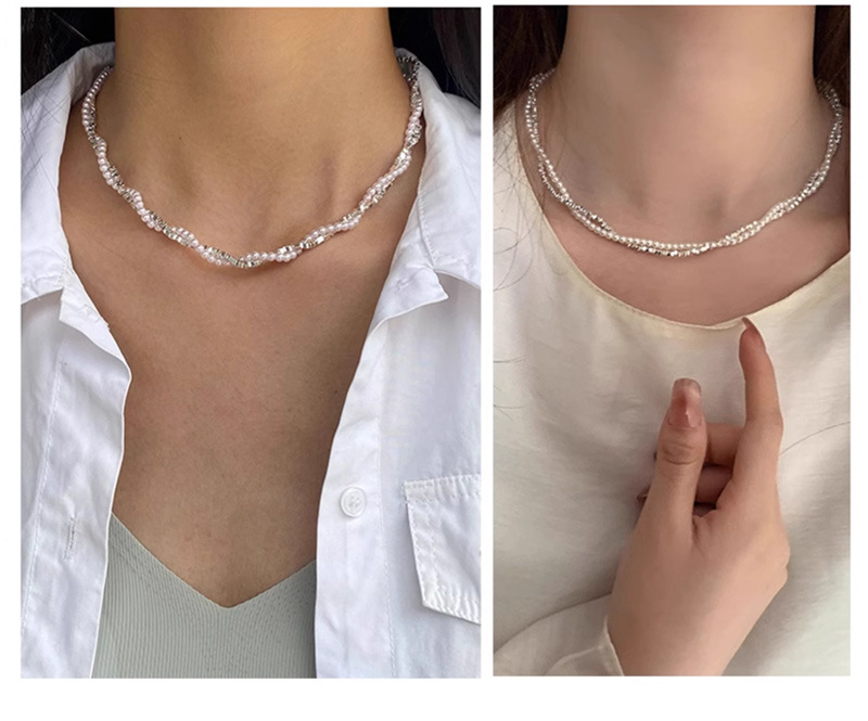 双层叠戴碎银子珍珠项链配饰女秋冬轻奢小众锁骨链高级感颈链饰品详情5