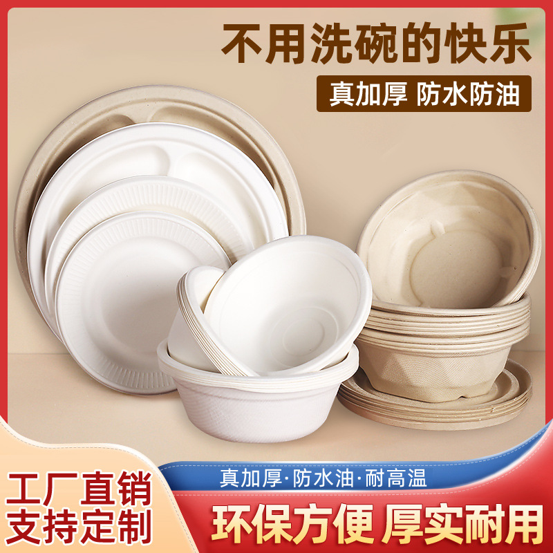 一次性纸盘纸碗甘蔗浆可降解烧烤生日蛋糕盘骨蝶餐碗圆盘绘画盘子