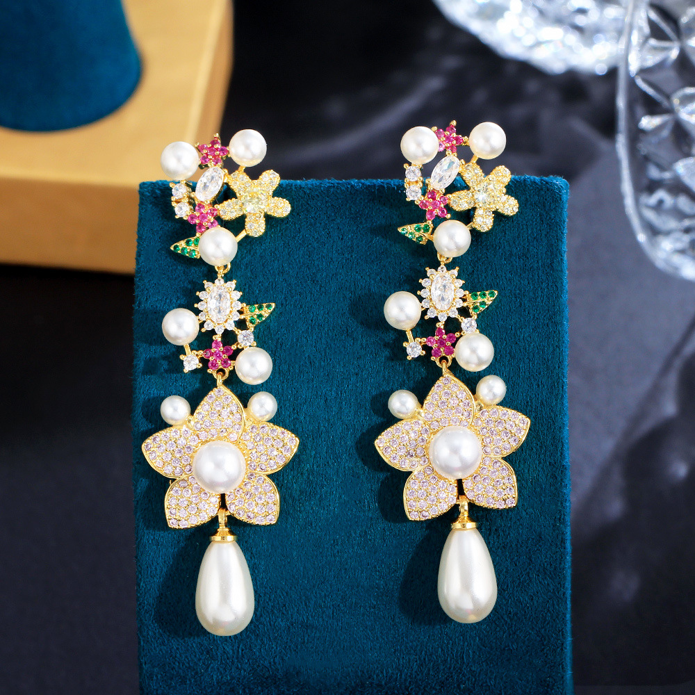 S925 Silver needle micro-set Zircon small Garden Pearl Flower earrings, long tassel full diamond set earrings wholesale