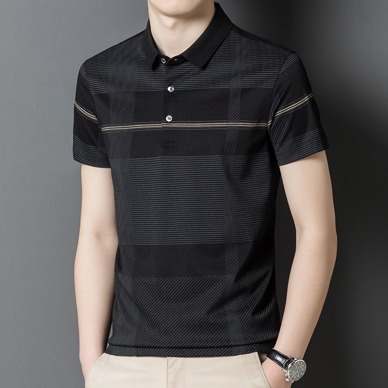 New mulberry silk short-sleeved T-shirt, men's lapel striped top for middle-aged and elderly people, summer cool business casual dad outfit Specification image