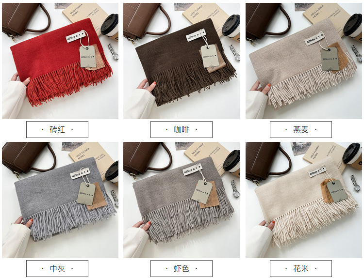 新款300克纯色仿羊绒围巾女冬季高级感 爆款百搭羊绒手感流苏披肩详情17