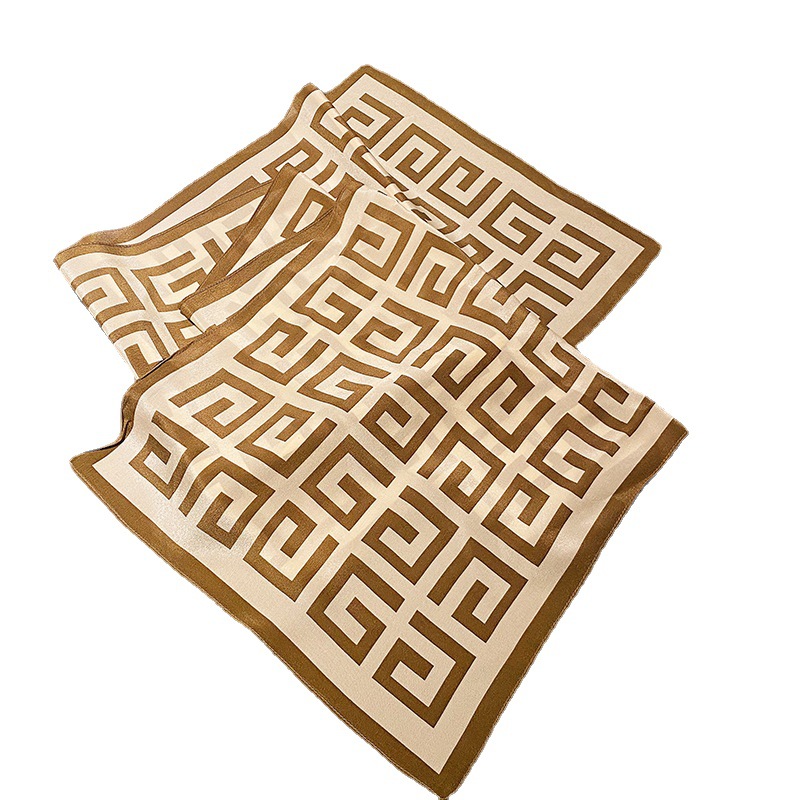 Fashionable Coffee Edge Back Word Pattern Silk Long Scarf Spring Summer Fresh Simple Temperament 100% Mulberry Silk Scarf Scarf Item Picture