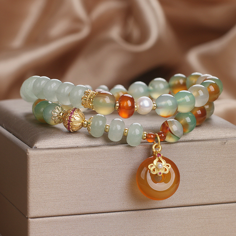New Chinese-style peacock green agate double-ring bracelet, women's green Dongling double-layer light luxury peace pendant bracelet, trendy Specification image