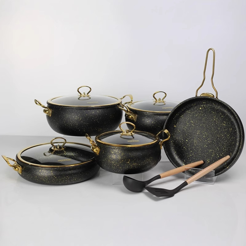 11pcs土耳其风花岗岩大理石不粘套锅Granite Nonstick cookwarese