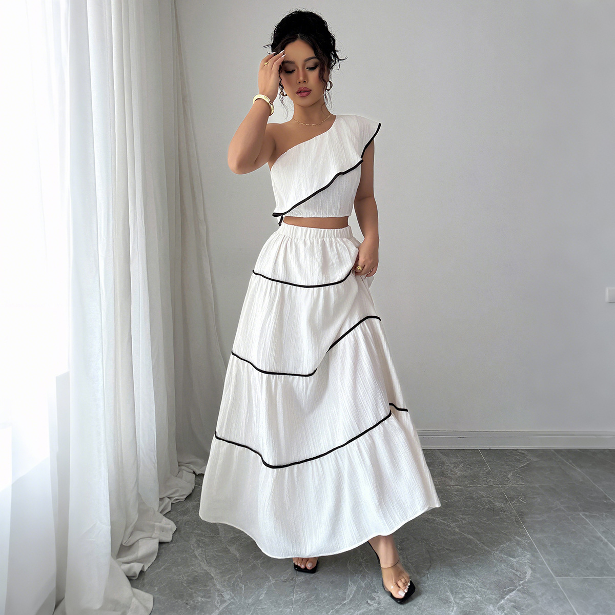 Cross-border European and American style casual, fashionable and elegant off-the-shoulder, back-center skirt two-piece set for women's clothing 2025 Amazon Specification drawing