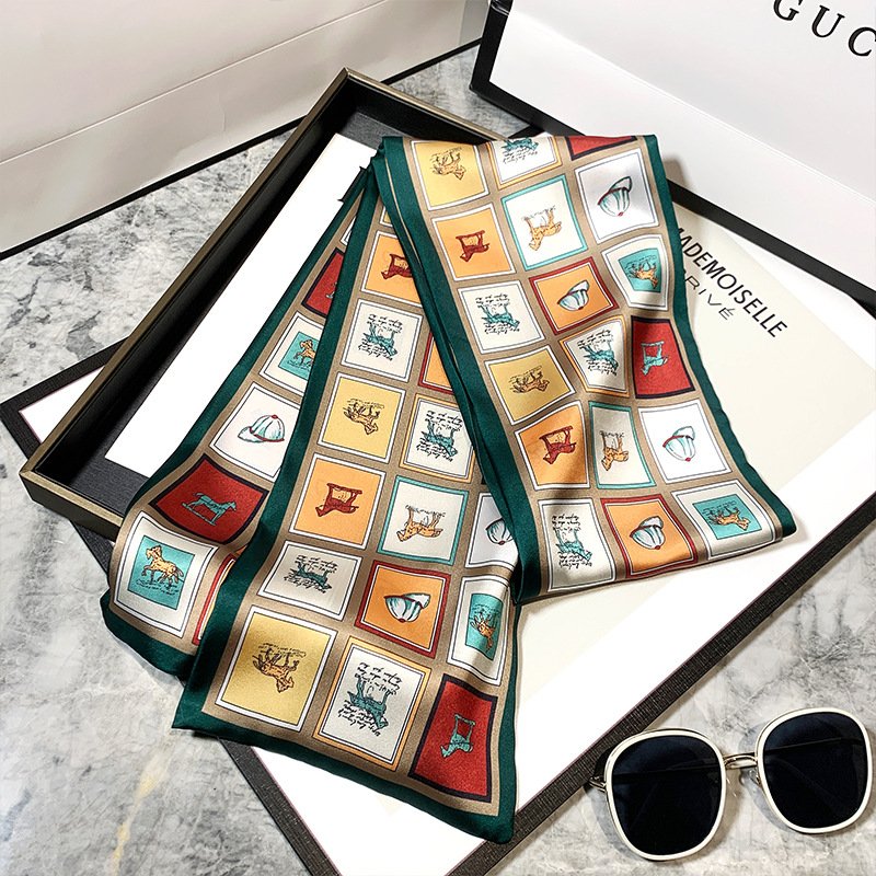 High-end retro orange French ribbon hair band scarves, women's long silk scarves wholesale, professional neckerchiefs and scarves details Picture