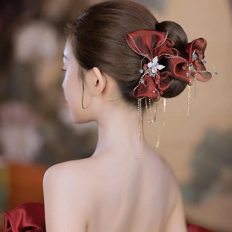 Ethnic Style Headwear Chinese Vintage Wine Red Bow Hair Clip Mori Tie Fairy Beauty Fringe Toasted Dress With Accessories Application Scenario