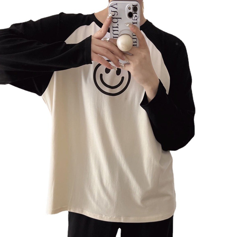 Korean Society's smiling face color-blocking home wear, cotton round-neck long-sleeved pajama women's set, printed smiling face casual two-piece set Item Picture