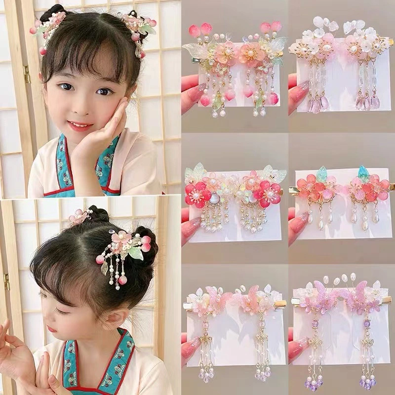 Children's Hair Clips Antique Hair Accessories Hanfu Headwear Children's Fringe Handmade Hair Clips Step Shake Pearl Butterfly Hair Clips For Girls