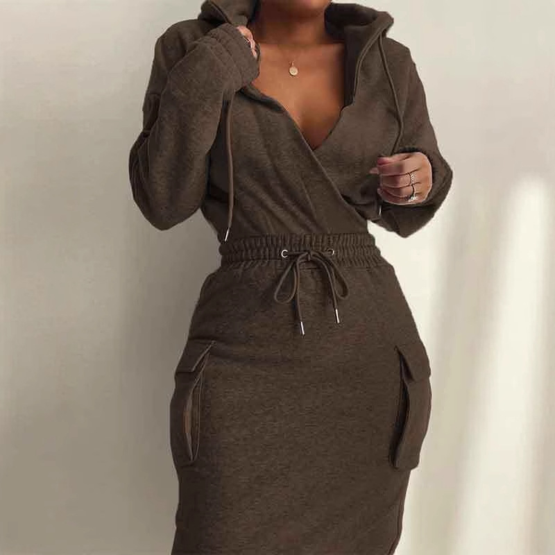 Pocket sweatshirt skirt waist tie long-sleeved casual dress Application Scenario