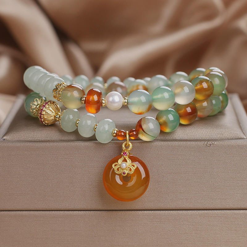 New Chinese-style peacock green agate double-ring bracelet, women's green Dongling double-layer light luxury peace pendant bracelet, trendy