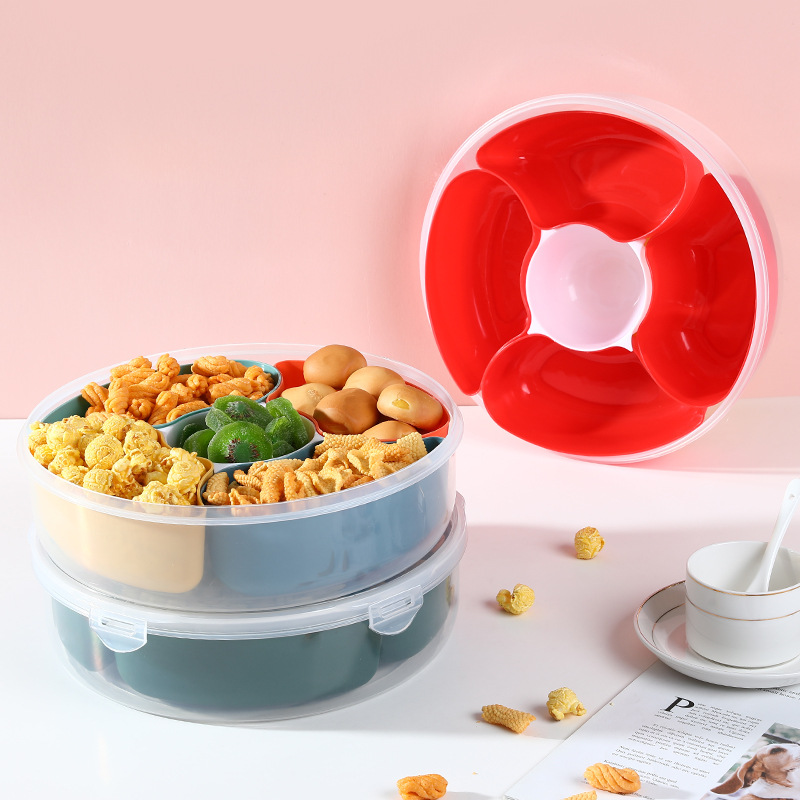 Sealed moisture-proof fruit plate with lid, home living room coffee table, dry fruit storage box, compartments, fruit snacks, sunflower seeds and nuts box 0750