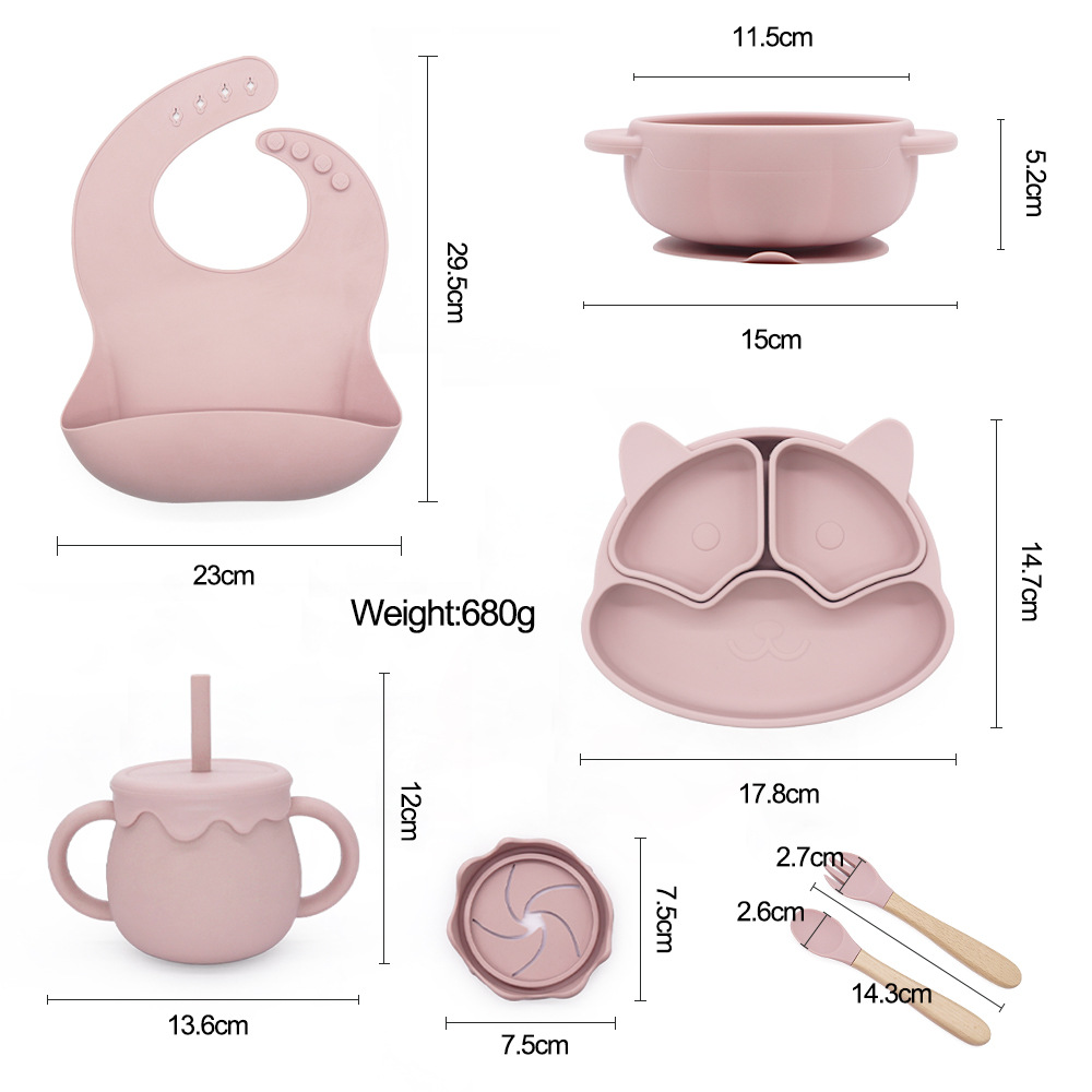 Nordic-style baby tableware set combination, baby food forks and spoons, silicone bibs, plates and bowls, children's feeding tableware set Specification drawing