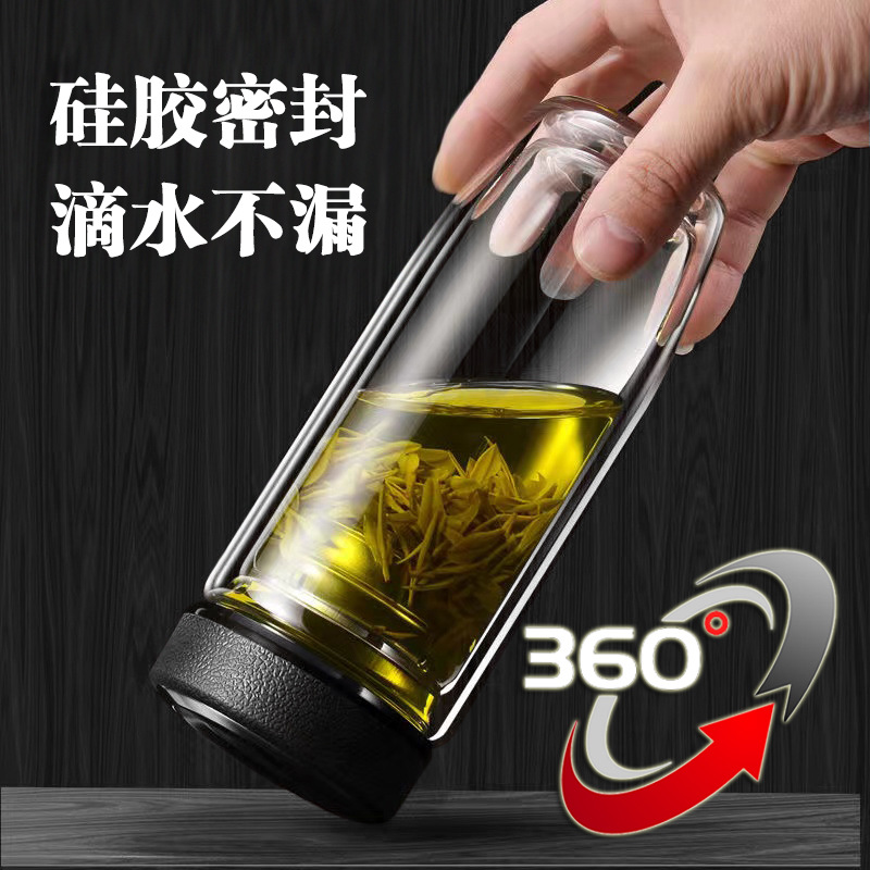 Thickened double-layer glass cups, large-capacity tea-water separation cups, business tea brewing cups, car-mounted goose egg cups, gift printed words Specification image