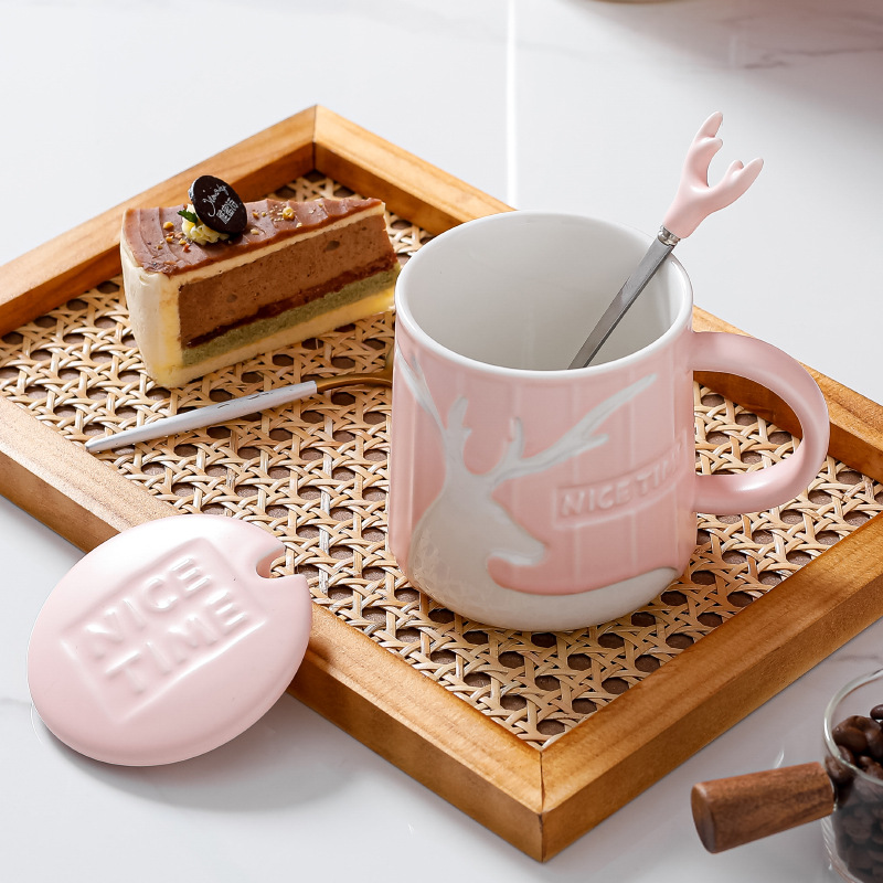 Home Ins High Temperature Resistance Light Luxury Simple High Appearance Level Mark Deer Water Cup With Lid Spoon Student Breakfast Milk Cup Specification drawing