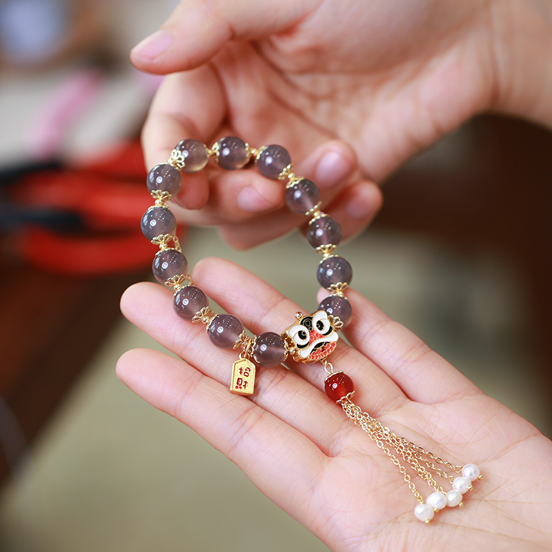 天然烟紫玛瑙流苏手链女 醒狮珍珠流苏复古国潮珠宝串珠手串 批发详情图1