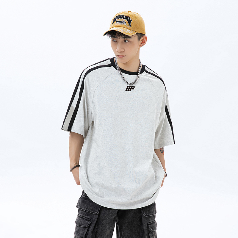 美式休闲撞色拼接小logo印花T恤男2024夏季新款纯棉宽松半袖体恤q