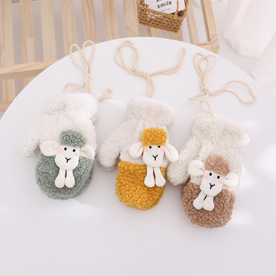 Cute thickened and fleece warm gloves with cartoon animal decorations for women, winter cold-proof neck-hanging gloves details Picture