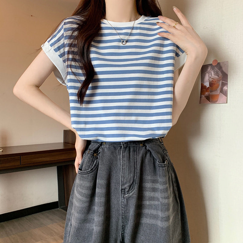 设计感小众无袖坎肩短袖T恤女法式减龄经典显白蓝条纹落肩上衣服