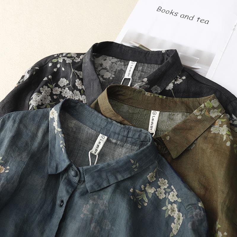 New summer 2023 Korean-style oversized oversized figure-concealing printed fashionable irregular cardigan, casual and elegant cotton and linen shirt for women details Picture