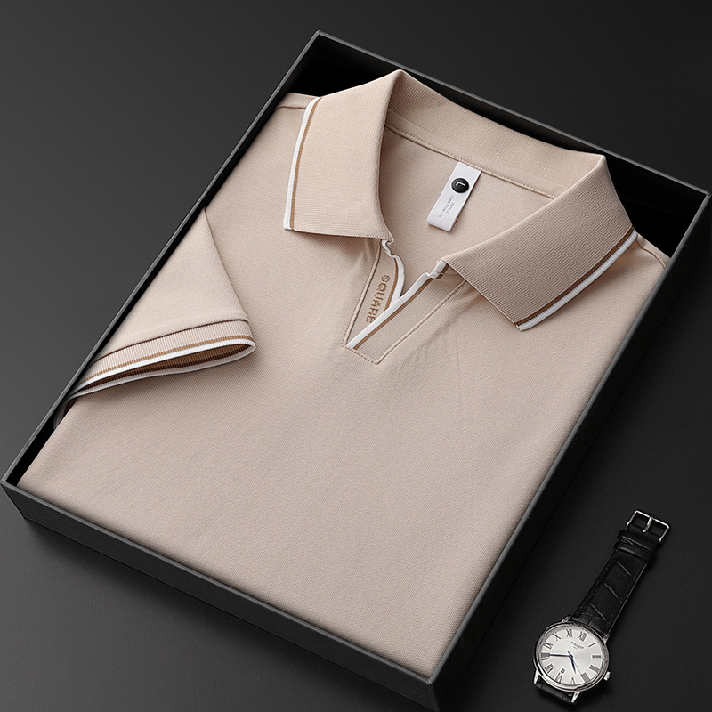 Short-sleeved T-shirt, men's small V-neck polo shirt, summer casual men's collared T-shirt, business men's top without buttons and lapels details Picture