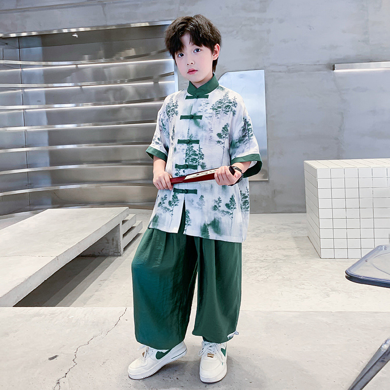 Moda nacional para niños de manga corta de verano hanwear traje 2025 nuevo estudiante de escuela primaria niños vestidos vintage mid big kids show wear tang wear Specification image