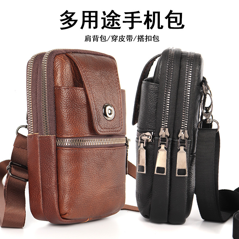 New Leather Fanny Pack Wear Belt Multi-Functional Mobile Phone Bag Site Work Mobile Phone Cover Men's Single Shoulder Diagonal Vertical Hanging Bag details Picture