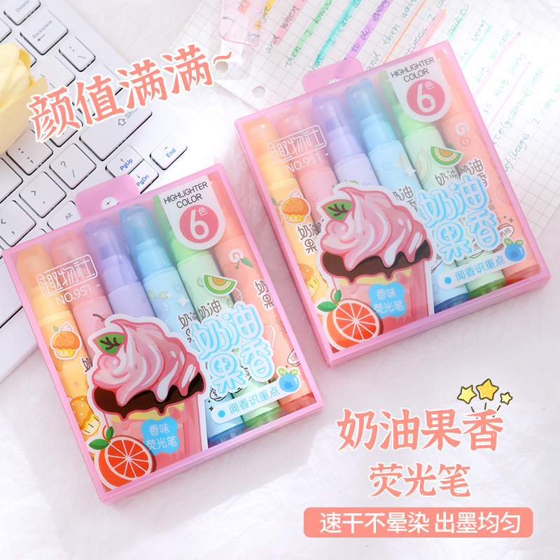 Fruit-flavored highlighters, fruit-flavored cream-scented key point pens, marking pens, non-toxic student marking and drawing pens, six-color set