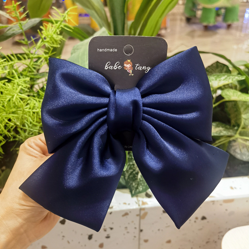工厂店新款韩国布料珠光缎面超大后脑勺蝴蝶结精工顶夹 发饰发夹细节图