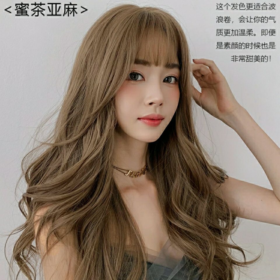 A wig for women with long curly hair, full head realism, natural and fashionable, wavy, internet-famous air bangs, face shaping wig Specification image