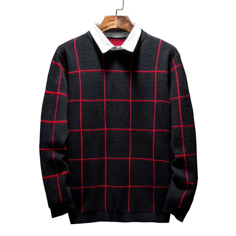 Two checked fake men's fashion trend sweaters, men's round-neck autumn and winter tops, knitted sweaters, pullover sweaters, men's fashion trends Application Scenario