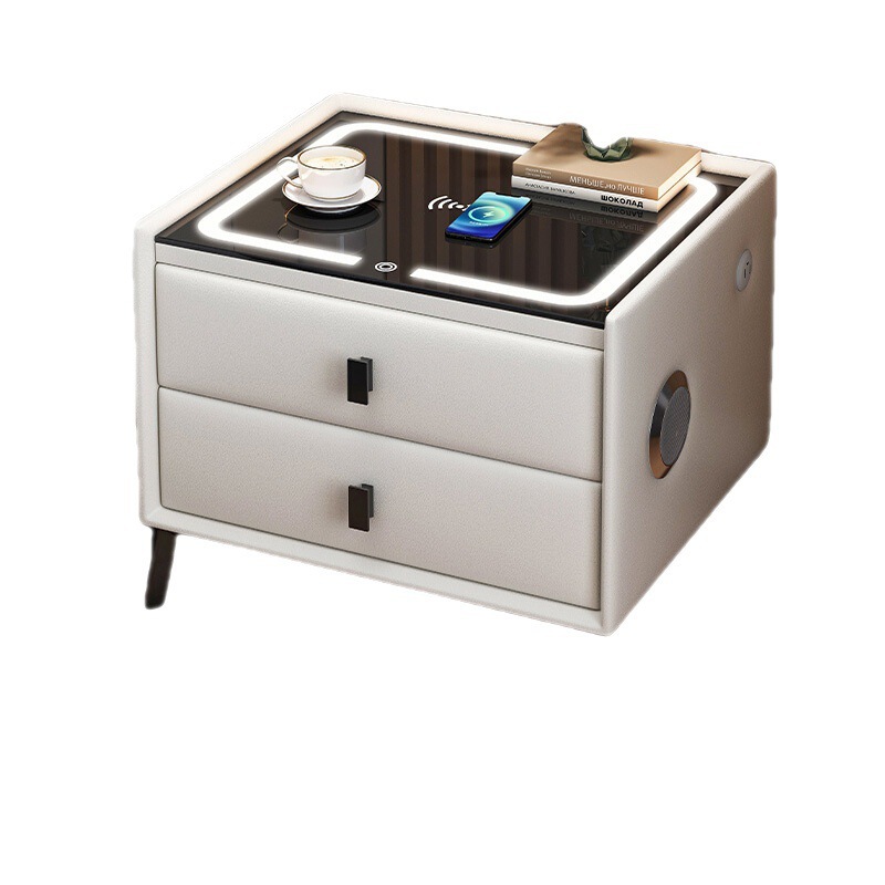 Smart bedside table, simple and modern, all-wood multi-functional wireless charging Bluetooth speaker, leather bedroom bedside cabinet Item Picture