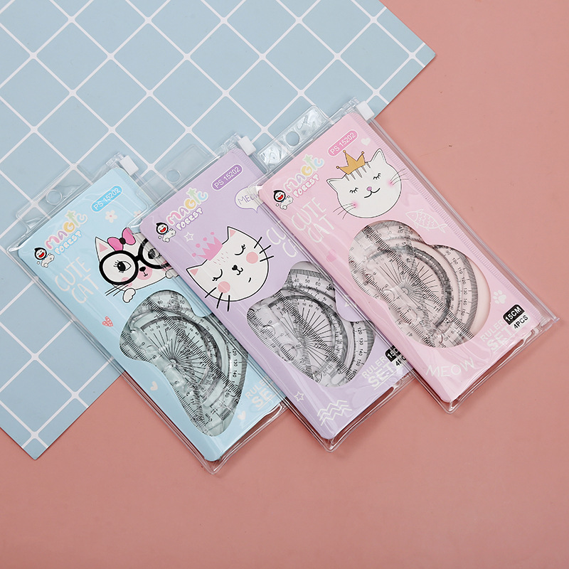 2021 new cartoon cat student ruler set 20 straight triangle protractor color printing factory direct sales full figure