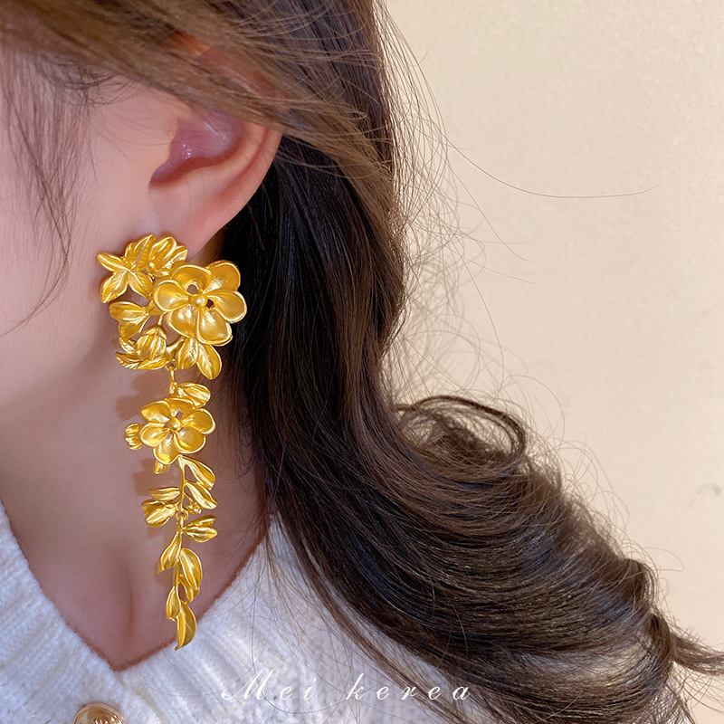 银针欧美夸张金属风花朵叶子流苏耳环女中古气质耳钉时尚耳饰批发