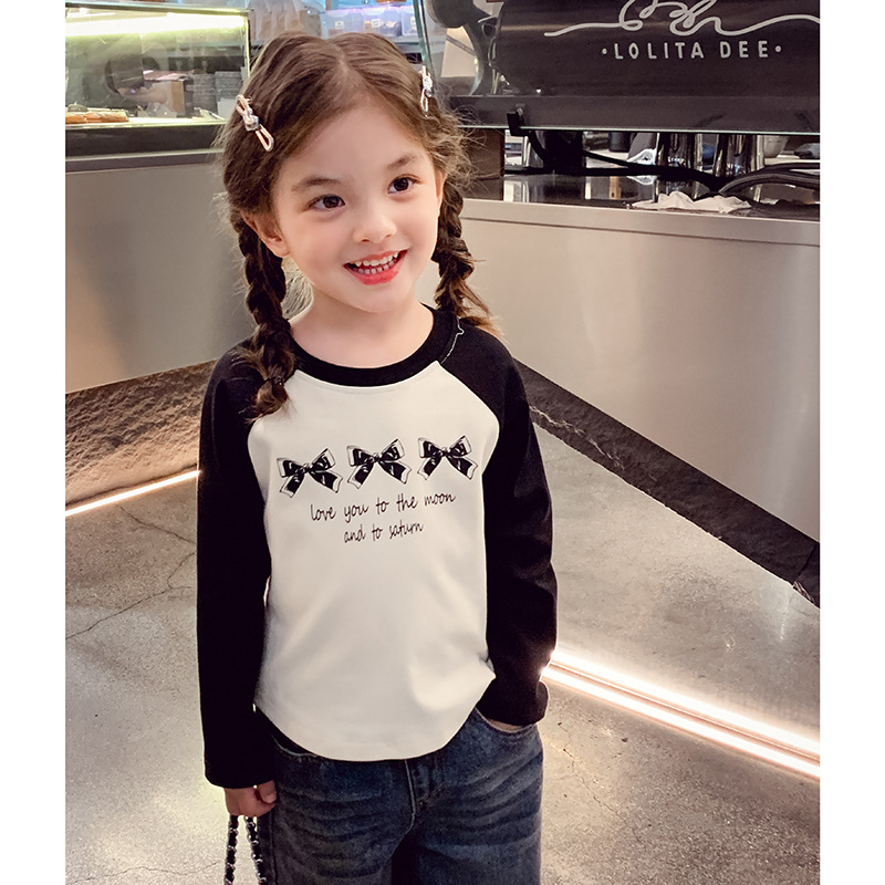 女童长袖T恤春装2025新款洋气儿童插肩袖撞色上衣女孩百搭打底衫