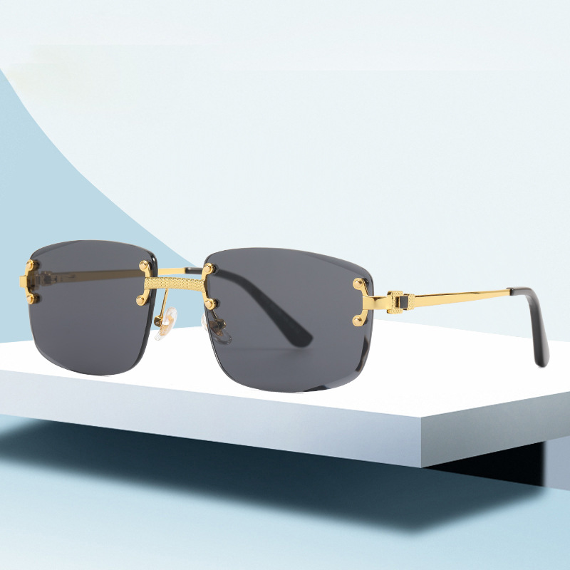 跨境欧美无框切边弹簧脚太阳眼镜女网红渐变色墨镜男街拍ins