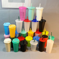 工厂pp感温变色杯 冷热变同体塑料变色吸管杯 咖啡变色塑料杯厂家