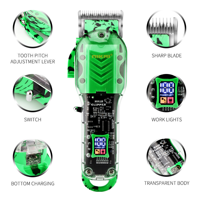 Transparent four-color hair clipper with LCD display, USB rechargeable electric clipper, professional oil-head clipper, cross-border wholesale details Picture