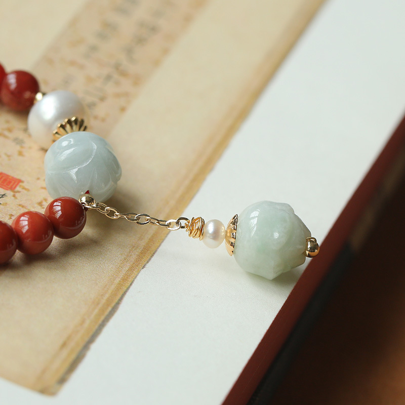 Original design natural Nan Hong agate bracelet for women, single circle jade lotus bead pearl bracelet, 14k gold-plated Specification image