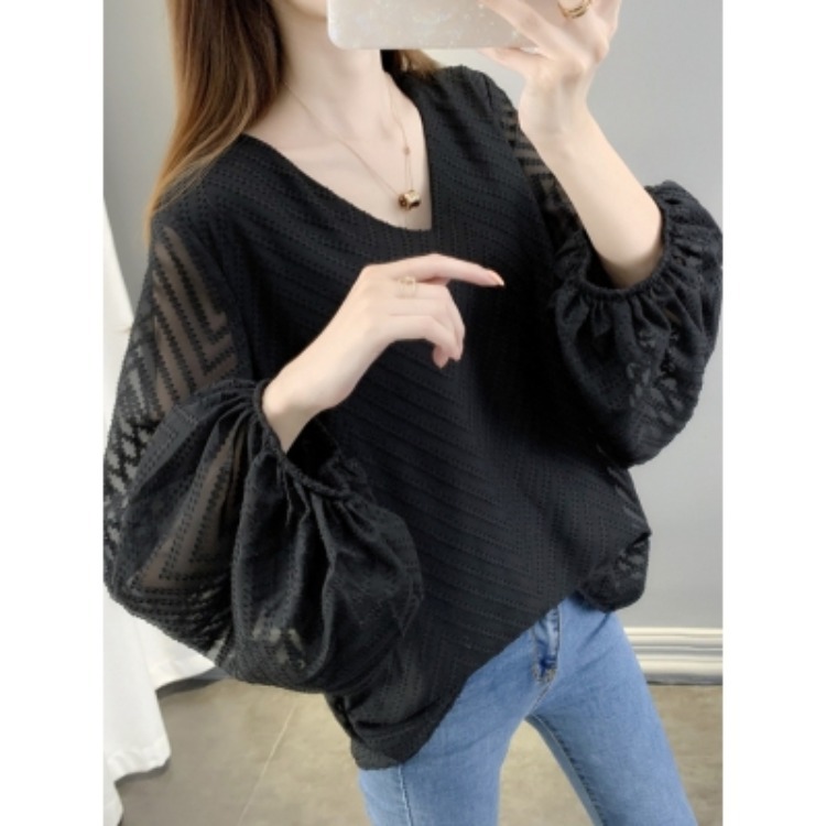 2023 New Women's Small Shirt V-Neck Long Sleeve Large Size Foreign Gas Shirt Female Xianqi Thin Belly Chiffon Blouse Application Scenario