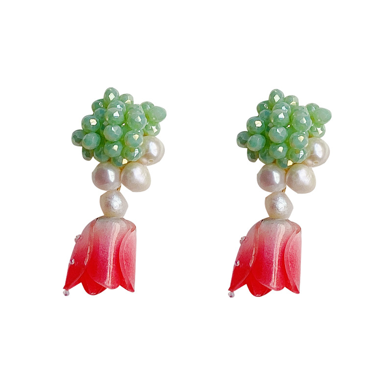 Original handmade tulip flower earrings necklace female freshwater pearl crystal beaded set temperament Sen stud Item Picture