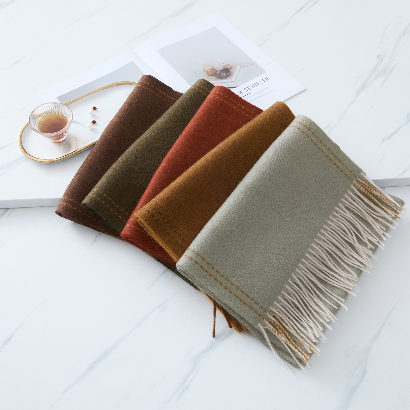 羊绒围巾男女同款100%纯山羊绒秋冬新款梭织流苏双面水波纹围巾